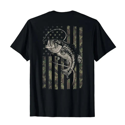 Camo American Flag Bass Back Print Patriotic Fishing Graphic T Shirt