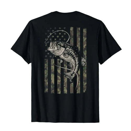 Camo American Flag Bass Back Print Patriotic Fishing Graphic T Shirt