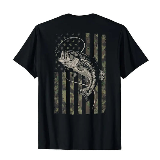 Camo American Flag Bass Back Print Patriotic Fishing Graphic T Shirt