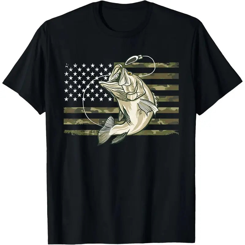 Camo American Flag Largemouth Bass Patriotic Fishing Graphic T Shirt