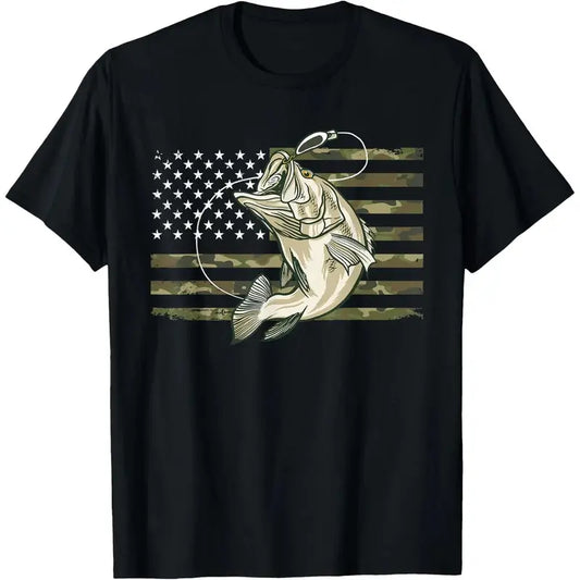 Camo American Flag Largemouth Bass Patriotic Fishing Graphic T Shirt