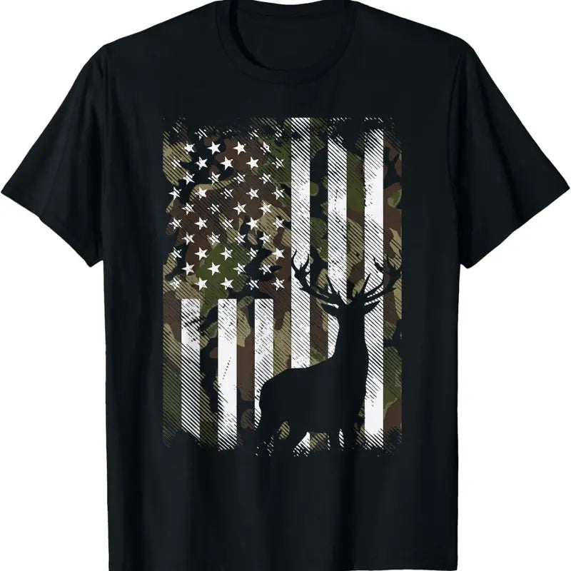 Camo US Flag Deer And Elk Hunting Patriotic Graphic T Shirt