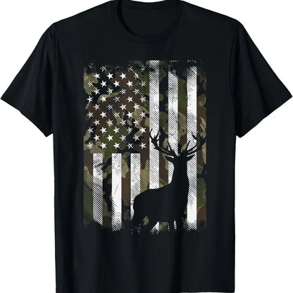 Camo US Flag Deer And Elk Hunting Patriotic Graphic T Shirt