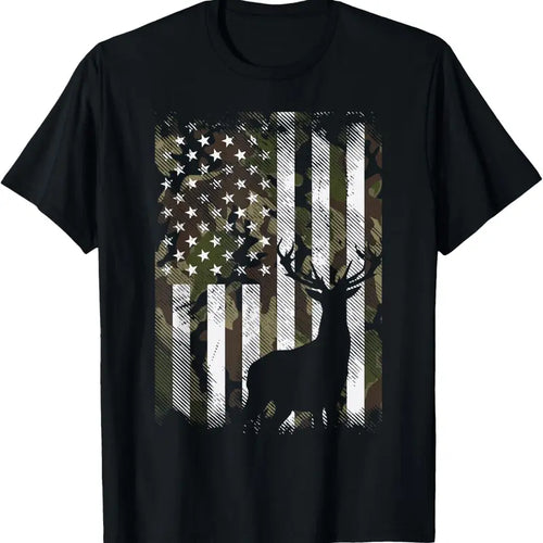 Camo US Flag Deer And Elk Hunting Patriotic Graphic T Shirt