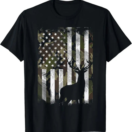 Camo US Flag Deer And Elk Hunting Patriotic Graphic T Shirt