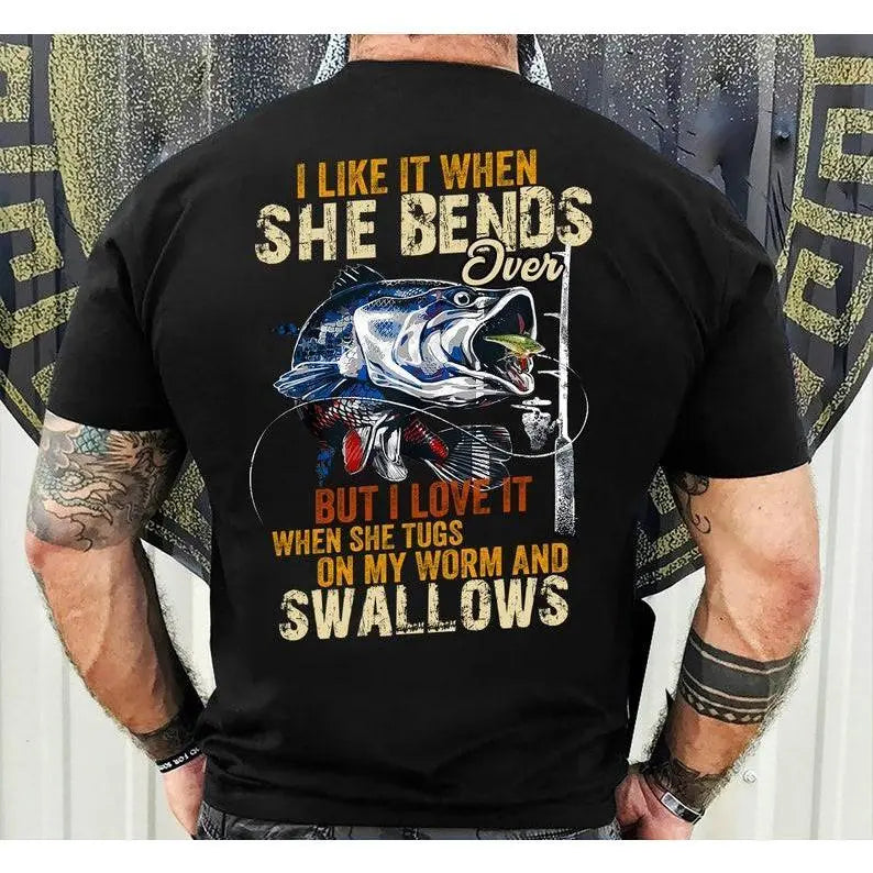 I Like It When She Bends Over Largemouth Bass Funny Fishing Graphic T Shirt